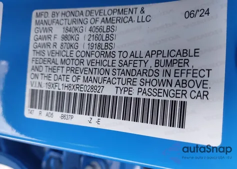 2024 Honda Civic Sport Touring from USA, damaged, VIN 19XFL1H8XRE028927